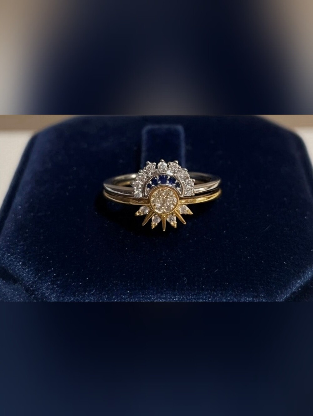 Sunburst Diamond(Rhinestone) and Sapphire(CZ) Two-Tone Ring - Size 9